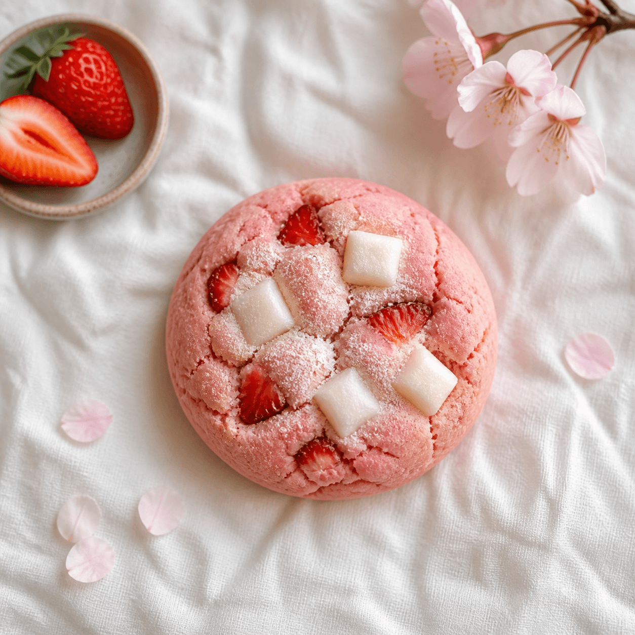 Strawberry mochi cookie with cherry blossoms
